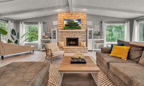 Smart TV, fireplace, video games, books