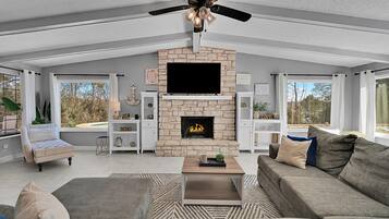 Smart TV, fireplace, video games, books