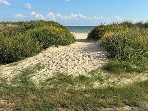 A sandy beach path flanked by dense vegetation leading to the sea. - Beachfront Living! Multi-Generation Beach Home with 360 Water Views (Bolivar Peninsula)