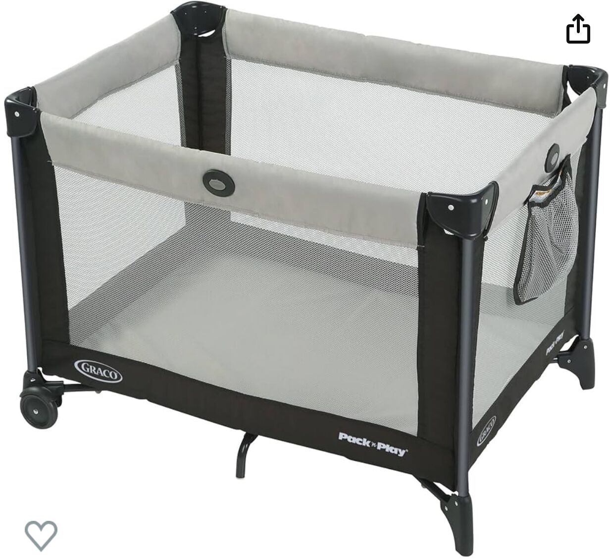 A portable playpen with a mesh top and a solid bottom, featuring wheels and a handle for easy mobility.