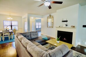 Smart TV, fireplace, books