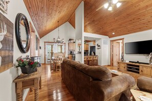 Smart TV, fireplace, DVD player, books