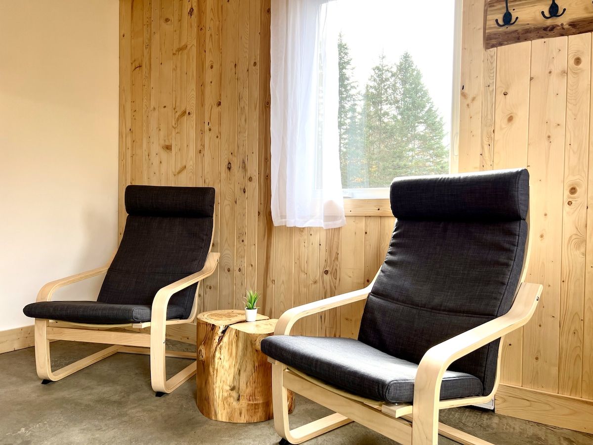 Dos sillas de madera con cojines oscuros, una mesita de madera con una planta y una ventana con cortina blanca.
