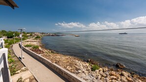 A coastal walkway with a concrete barrier, a clear sky, and a distant ship on the water.