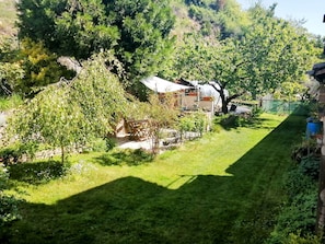 A garden with a small house, a lawn, and trees.