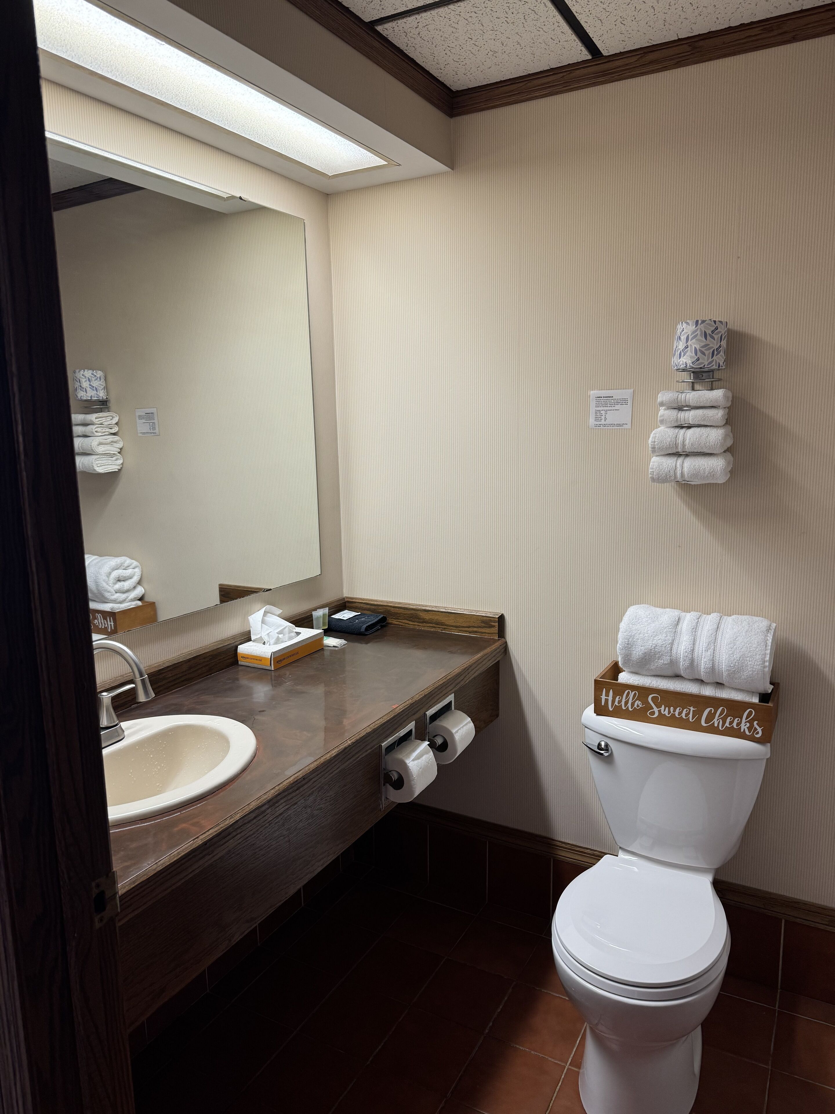 A bathroom with a wooden vanity, a sink, a mirror, a toilet, and a towel rack with folded towels.