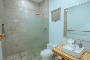 Shower, eco-friendly toiletries, hair dryer, towels