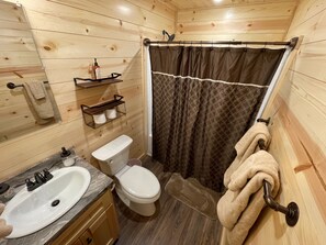 Shower, towels, soap, shampoo