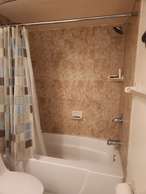 Hair dryer, towels, soap, shampoo