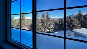 A window with a view of a snowy landscape and trees.