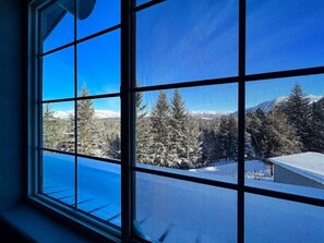 A window with a view of a snowy landscape and trees.