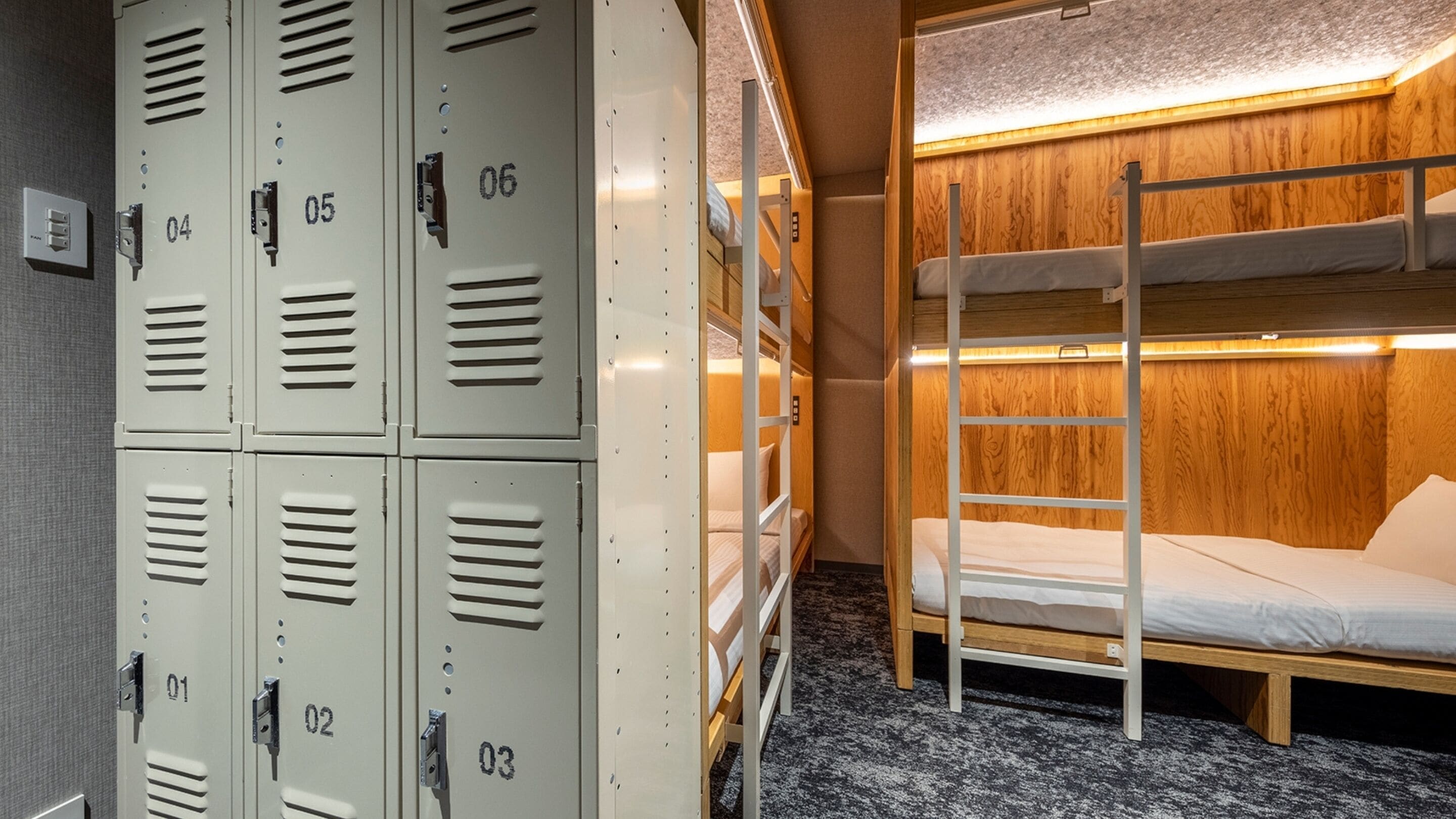 Bunk beds with a ladder, a set of lockers, and a carpeted floor.