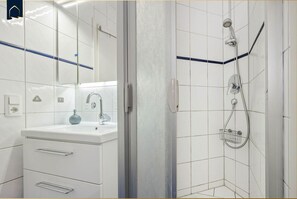 Shower, hair dryer - Seeblick - Ferienwohnung Leuchtturm (Koserow)