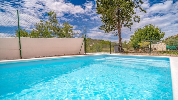 Una piscina azul cristalina rodeada por una cerca de malla metálica, con árboles y un cielo despejado al fondo.