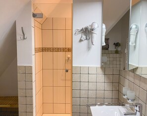 Shower, hair dryer, towels
