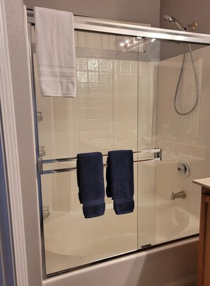 Hair dryer, towels, soap, shampoo