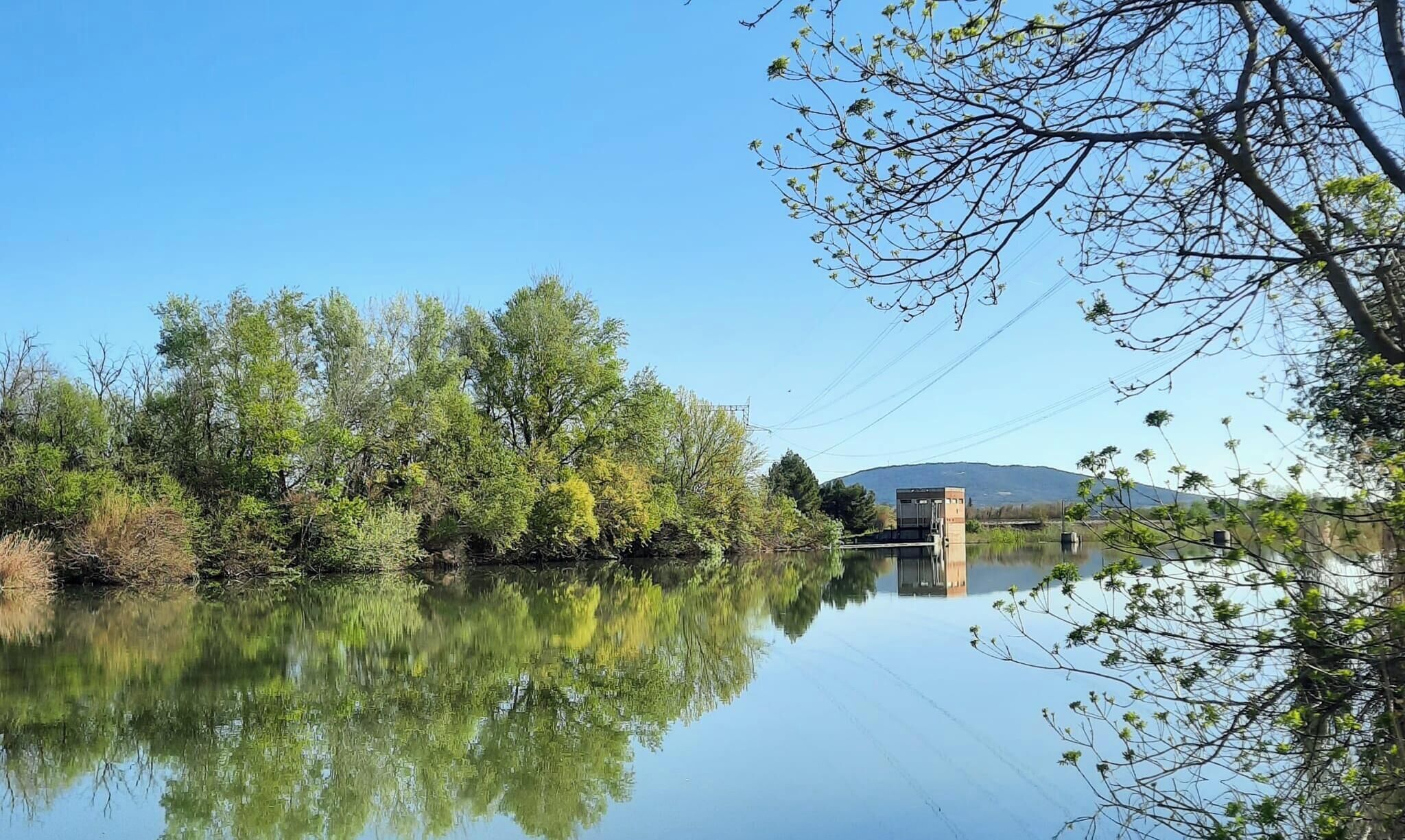 A calm river with a bridge and trees reflecting in the water.