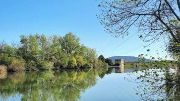 A calm river with a bridge and trees reflecting in the water.
