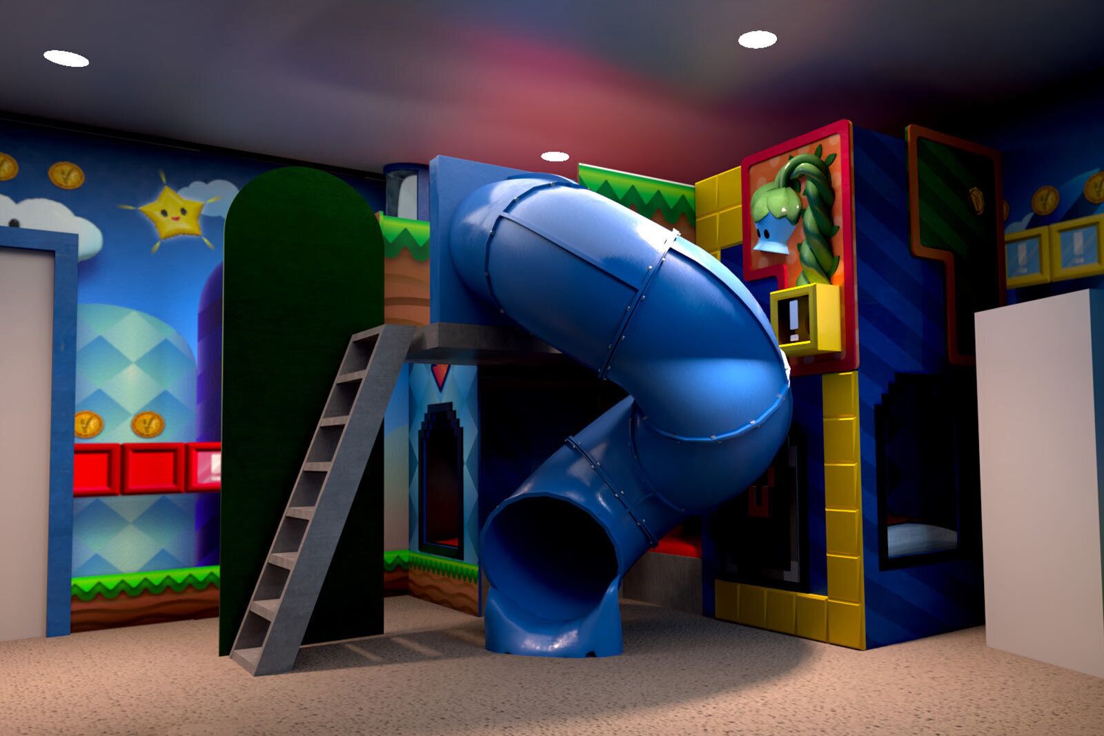 A play area with a blue slide, a ladder, and colorful walls with cartoonish designs.