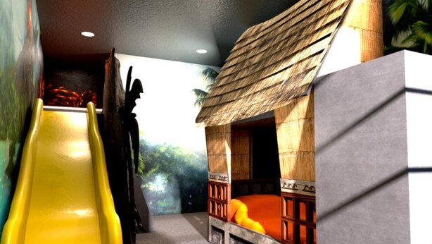 A children's play area with a yellow slide, a playhouse with a thatched roof, and a view of trees through the window. - Vor5322aa: 4 Bed, Volcano Adventure, Pool (Orlando)