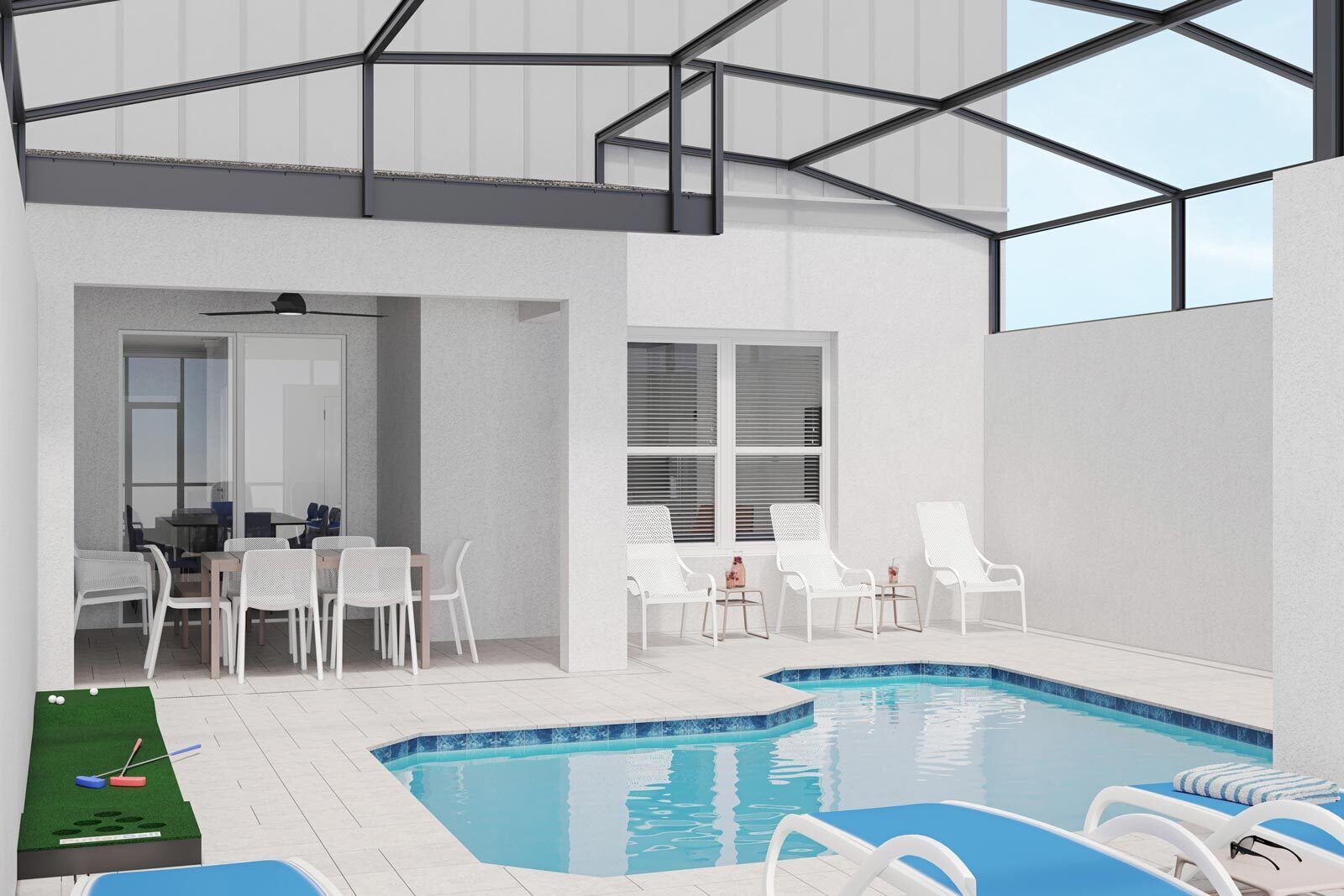 A modern indoor pool area with a dining area, lounge chairs, and a billiards table.