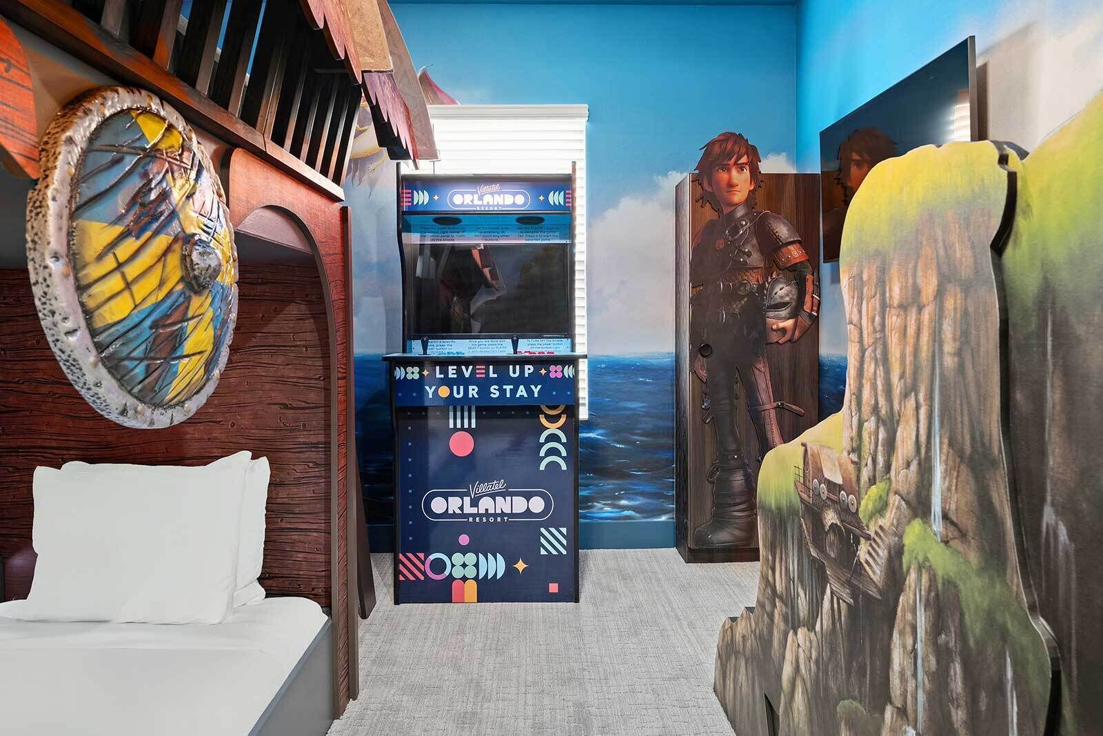 A hotel room with a bed, a large poster of a movie character, a sign for Orlando Resort, and a decorative wall piece.