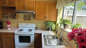 A kitchen with wooden cabinets, a white stove, a stainless steel sink, and potted plants. - Clean safe double bedroom, comfy bed, keyless entry, no stairs, on bus routes (Langley Township)