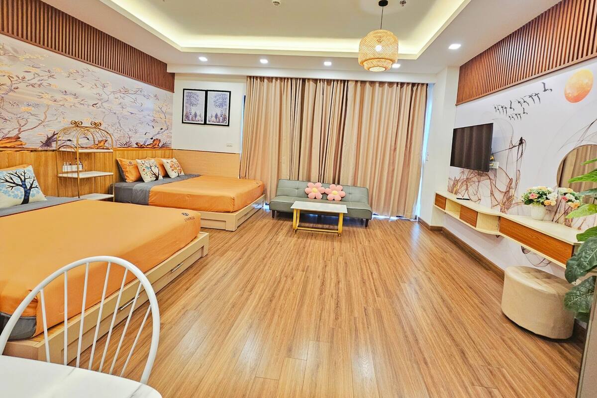 A modern hotel room with a wooden floor, a sofa bed, a desk, and a TV.