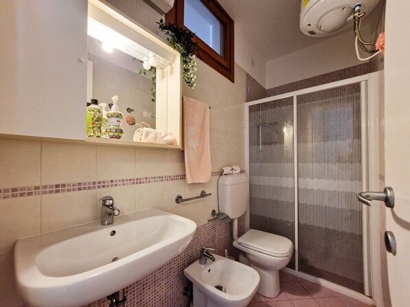 Une salle de bain avec un lavabo, des toilettes et une douche.