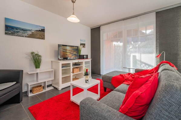 TV, DVD player, books, stereo