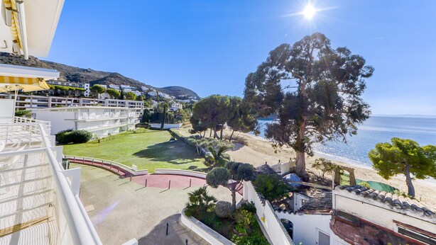 A coastal hotel with a view of the sea, a large tree, and a well-maintained lawn. - RESIDENCIAL ALMADRAVA 2 Roses (Rosas / Roses)