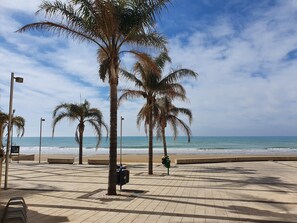 A paved beach area with palm trees, a bench, and a trash bin. - Appartamento Ecate (Ragusa)