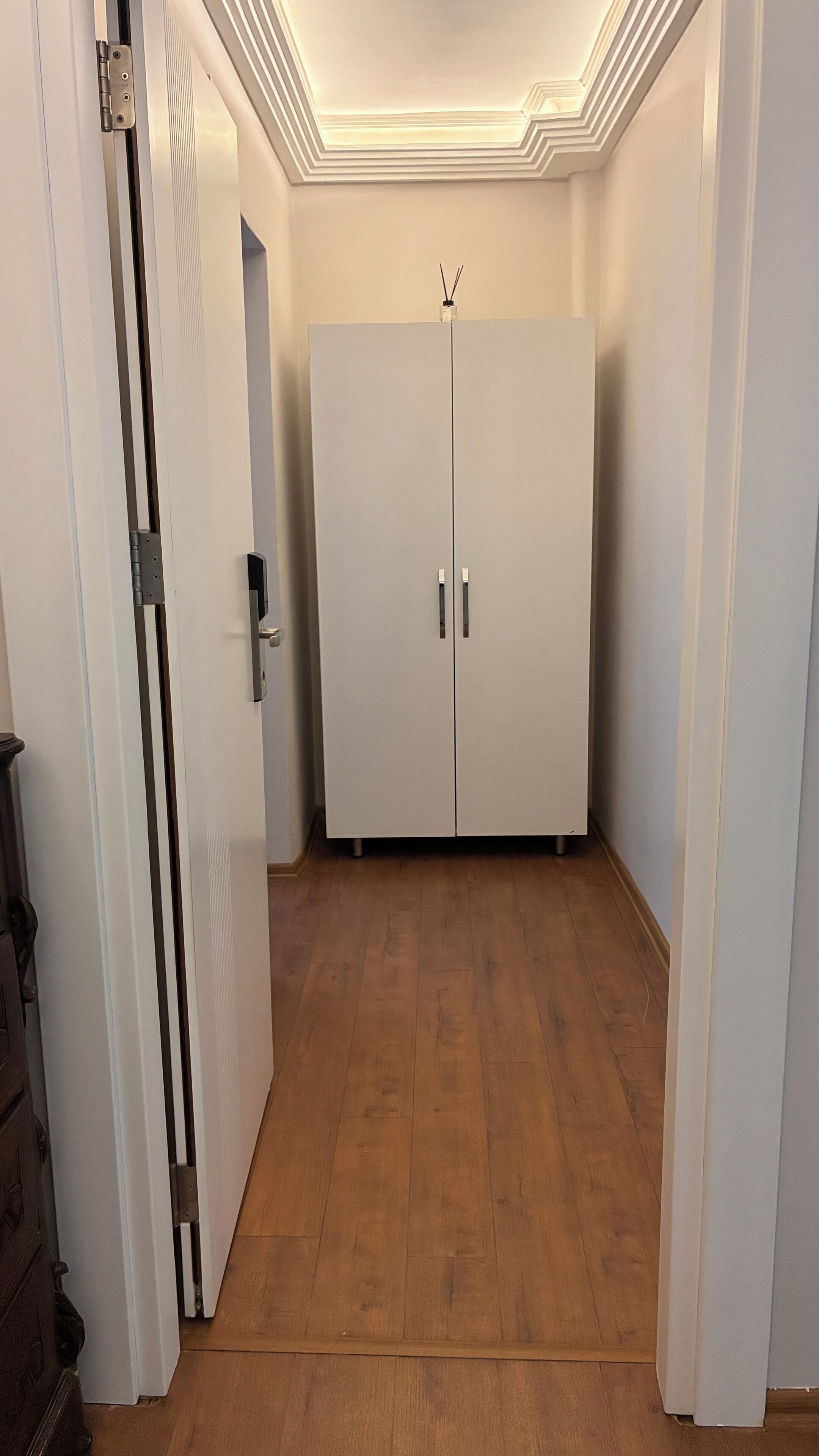 A hallway with a white double door, wooden flooring, and a ceiling with recessed lighting.