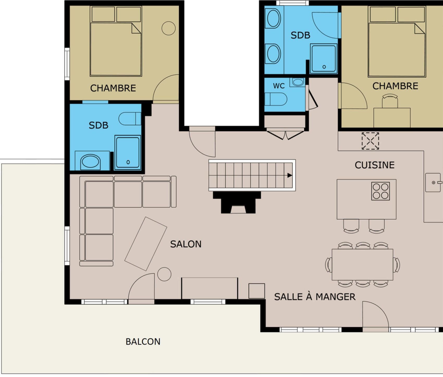 A hotel layout with two bedrooms, a bathroom, a kitchen, a dining area, a living room, a balcony, and a bathroom.