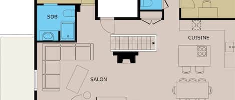 A hotel layout with two bedrooms, a bathroom, a kitchen, a dining area, a living room, a balcony, and a bathroom.