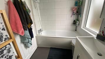 Hair dryer, towels, soap, shampoo