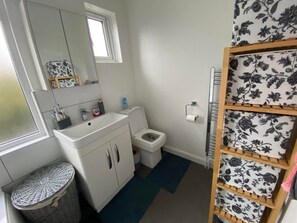 Hair dryer, towels, soap, shampoo
