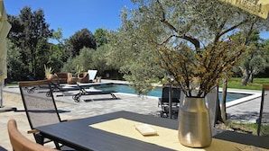 An outdoor pool area with lounge chairs and a table, surrounded by olive trees and a clear blue sky. - Olive Garden Paradise with Swimming pool (Rovinj)