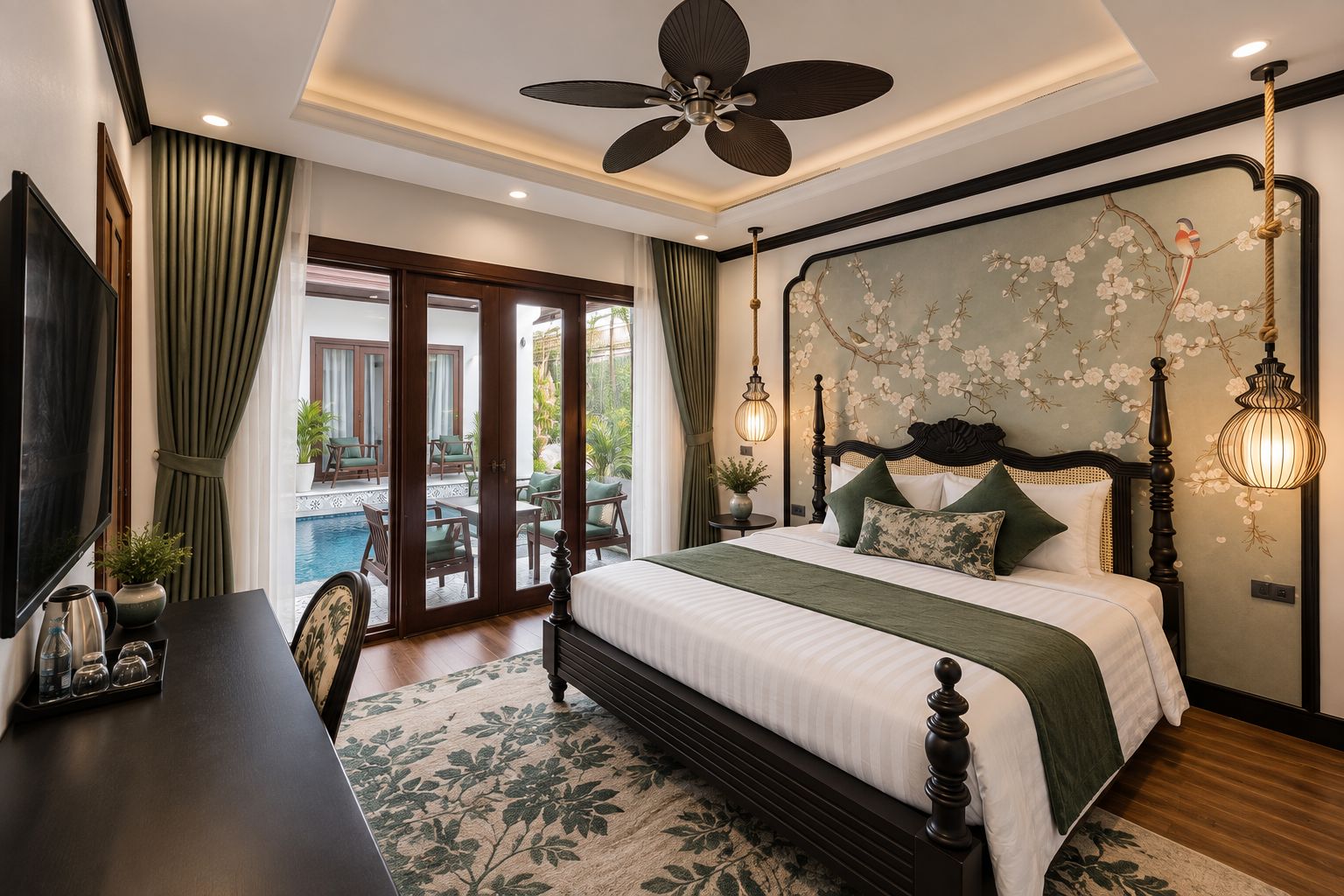 A bedroom with a large bed, a ceiling fan, a view of an outdoor pool, and a wall with floral wallpaper.