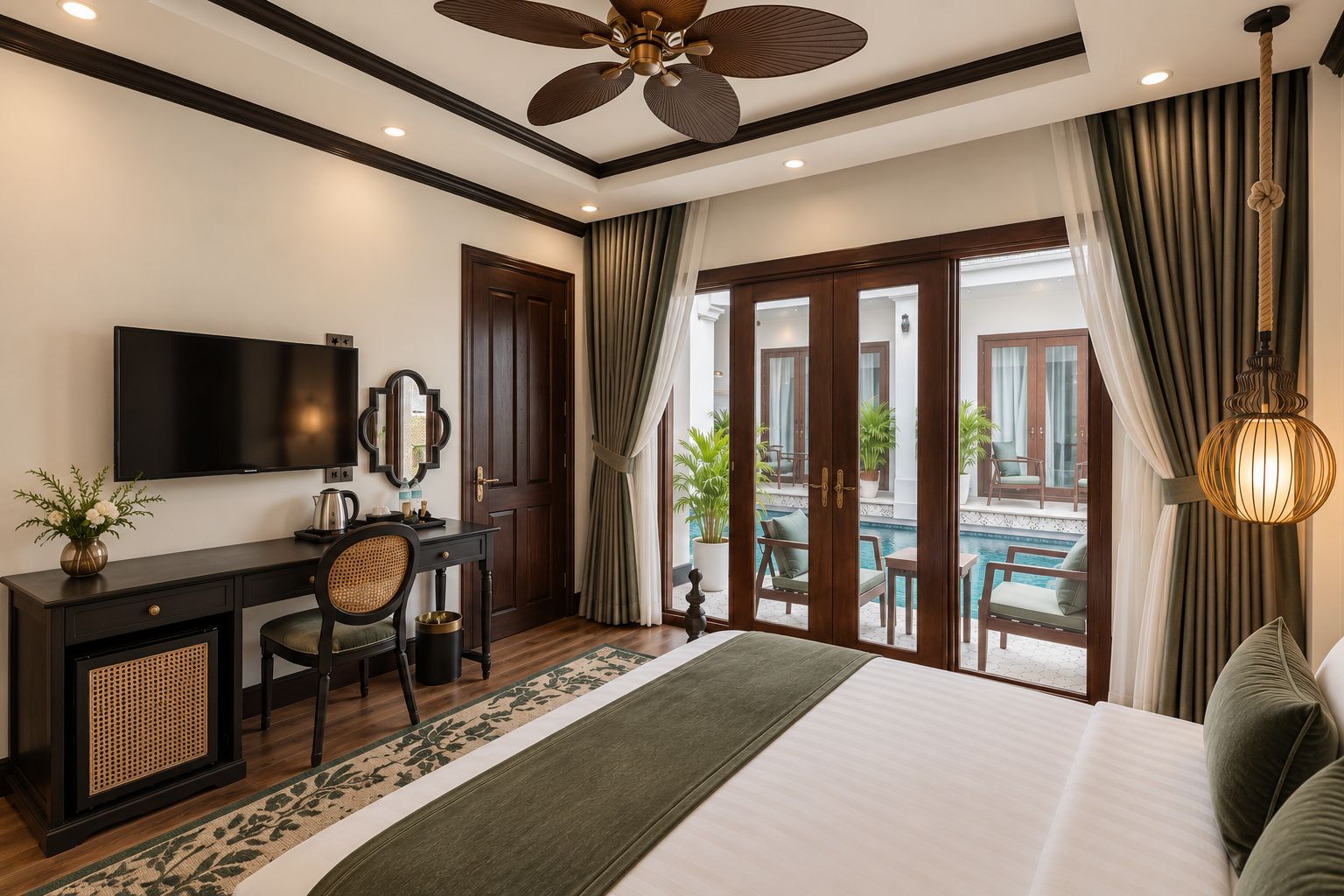 A hotel room with a bed, desk, chair, television, and a view of a pool.