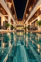 A swimming pool with a view of the building's interior.