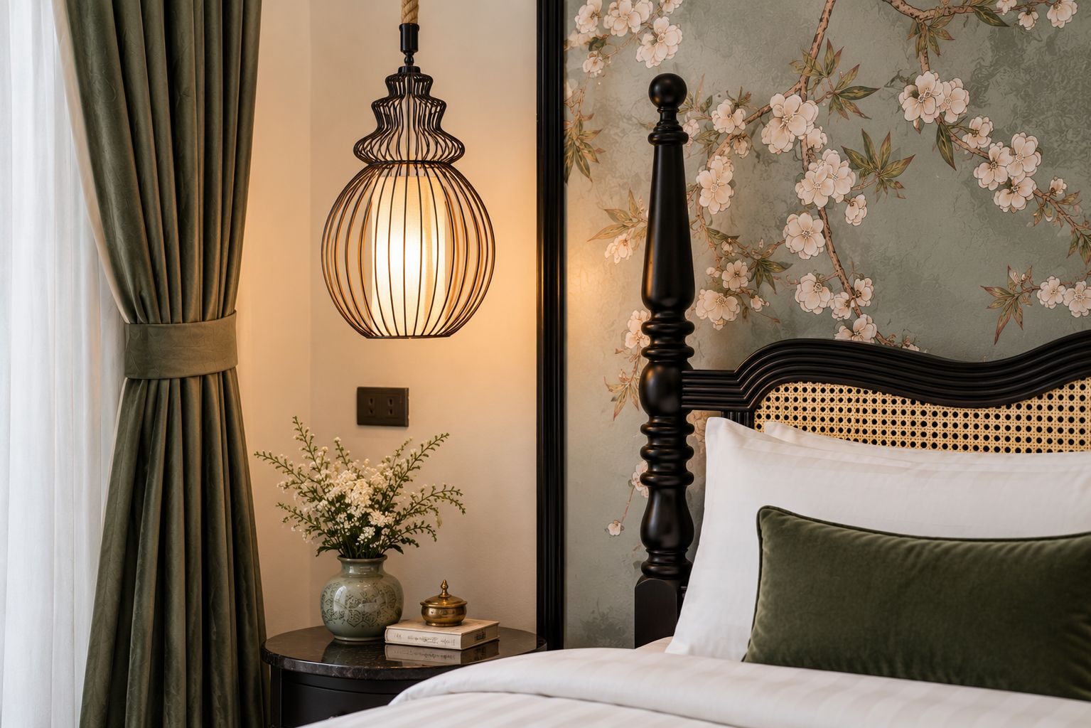 A bedroom with a bed, a nightstand, a vase with flowers, a lamp, and a wall with floral wallpaper.