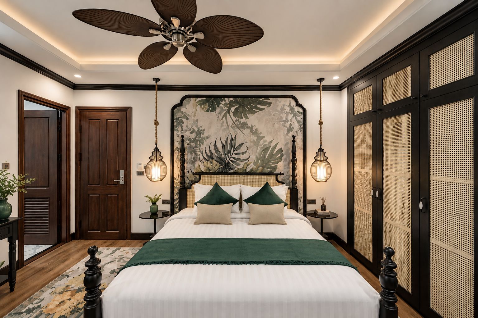 A bedroom with a bed, a ceiling fan, a nightstand, a wall-mounted lamp, and a door.