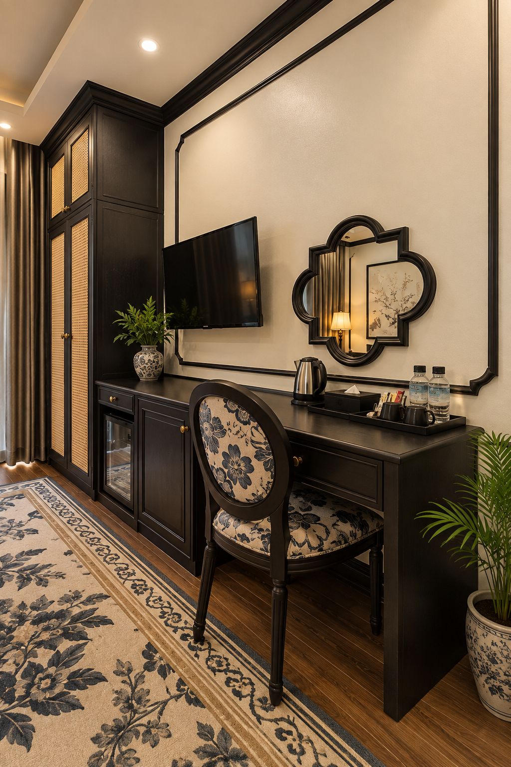 A modern hotel room with a dark wood desk, a flat-screen TV, a decorative mirror, and a floral-patterned chair.