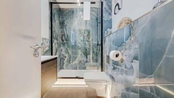 Shower, hair dryer, shampoo