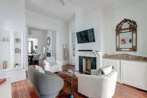 TV, fireplace, offices - The Hall House, Forsyth | Private Pool & Hot Tub! (Savannah)