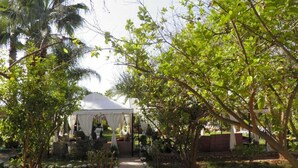 Ein Garten mit einem weißen Zelt, umgeben von Bäumen und Pflanzen.