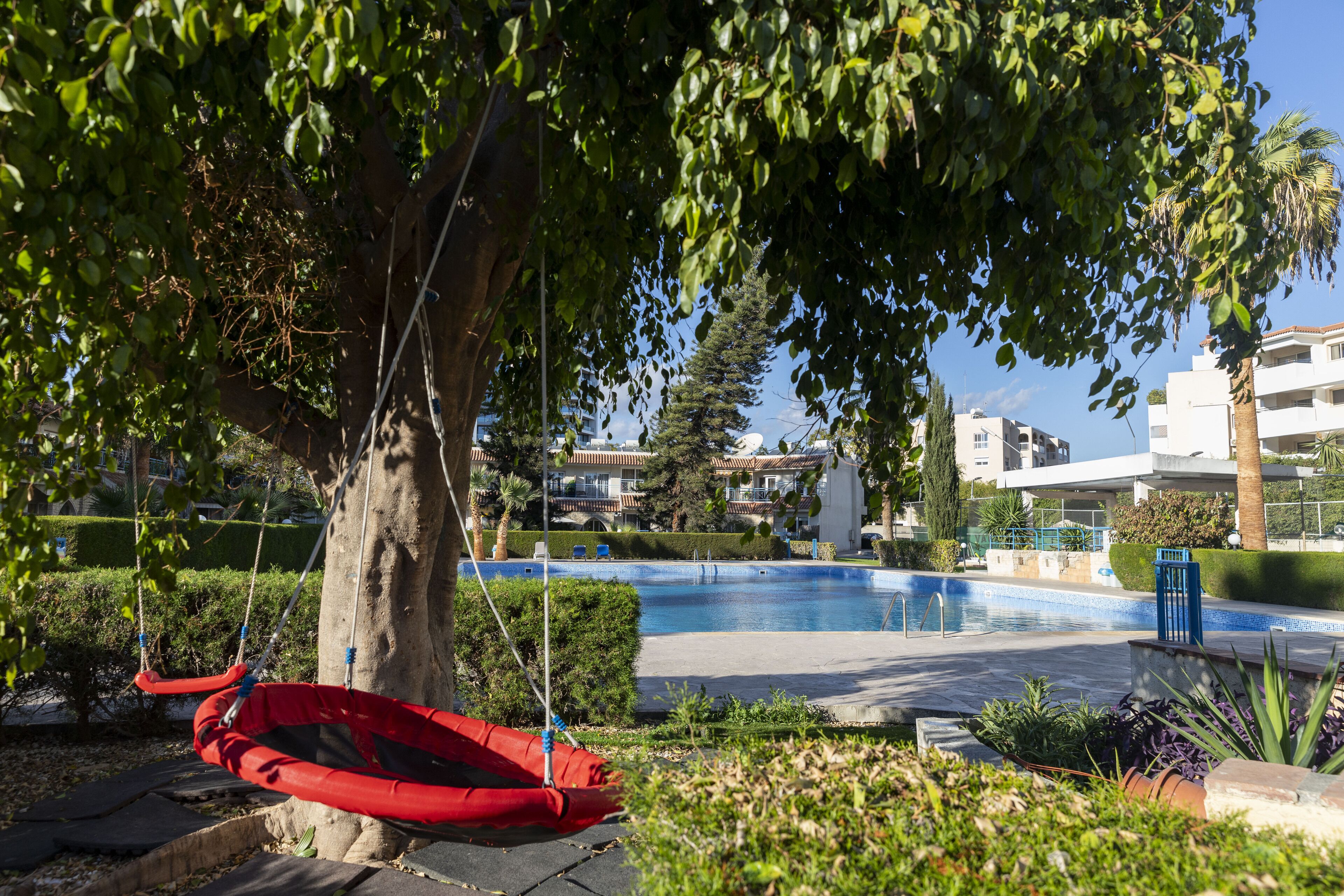 Outdoor pool, pool umbrellas, pool loungers