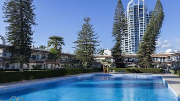 Outdoor pool, pool umbrellas, pool loungers