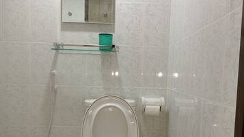 Shower, free toiletries, slippers, towels